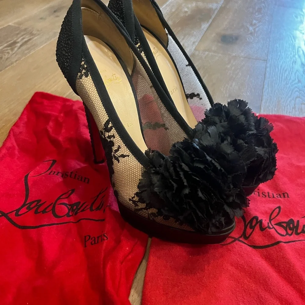 Christian Louboutin Tsar 140 Black Lace & Swarovski Crystal Platform Pumps 39 - Picture 5 of 8